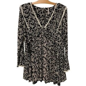 Free People | Dress Black Floral Like You Best Mini Long Bell Sleeve- Size XS